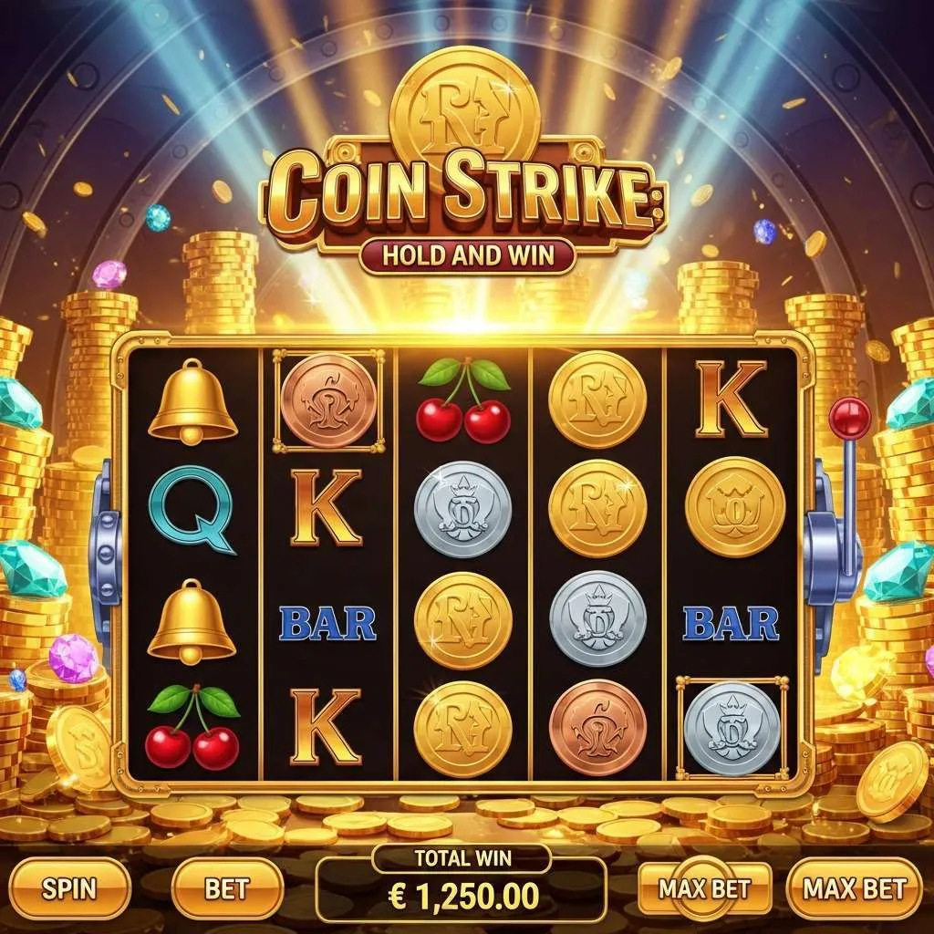 Coin Strike: Hold and Win Hrací automat Coin Strike s válci plnými mincí a velkou výhrou