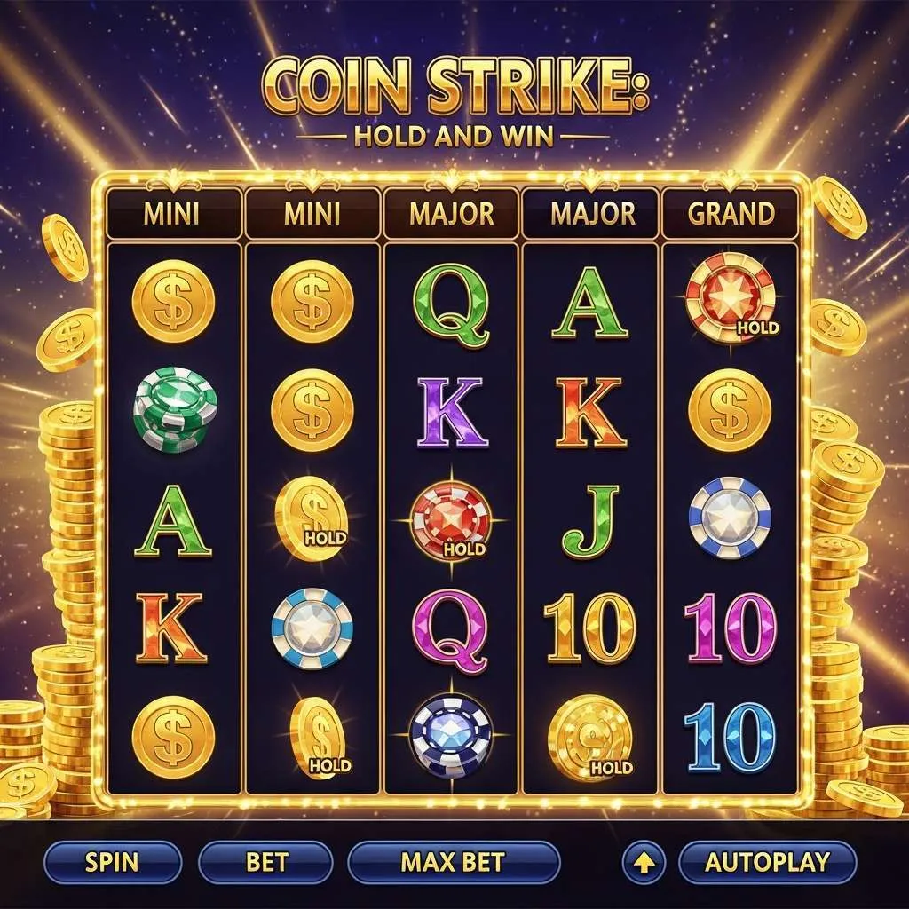 Coin Strike: Hold and Win Herní obrazovka slotu Coin Strike s válci, symboly a mincemi